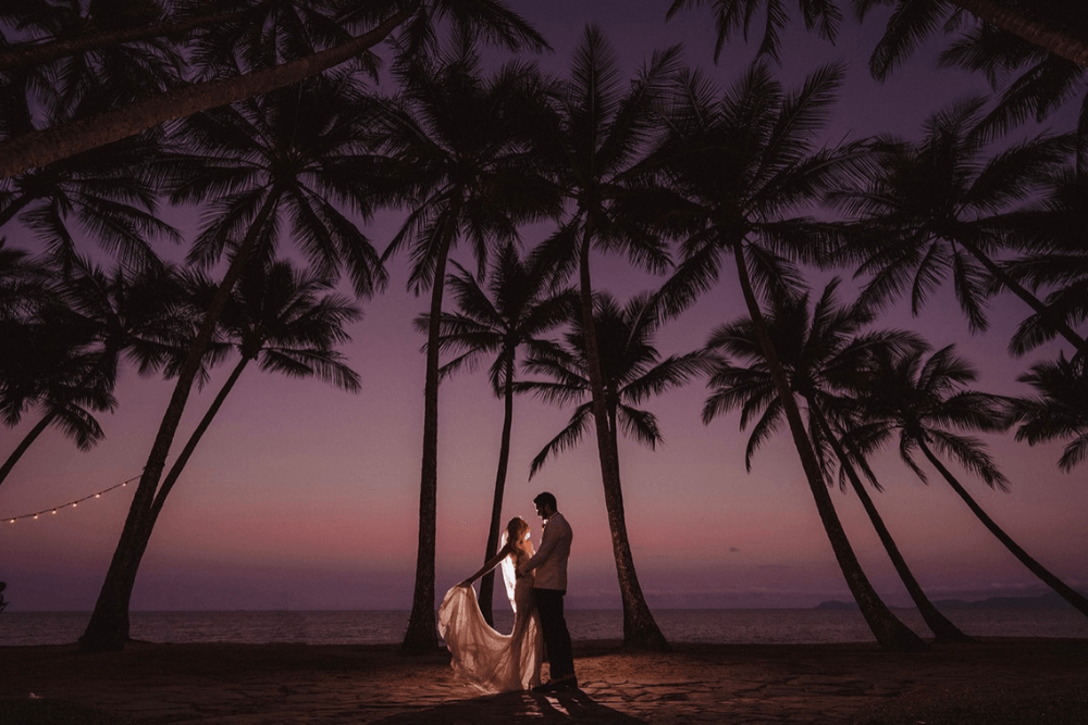 newlyweds in a grove of coconut trees at dusk