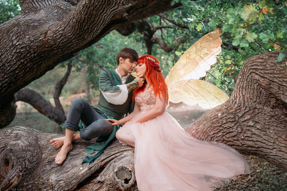 Couple in a fantasy-themed wedding pictorial