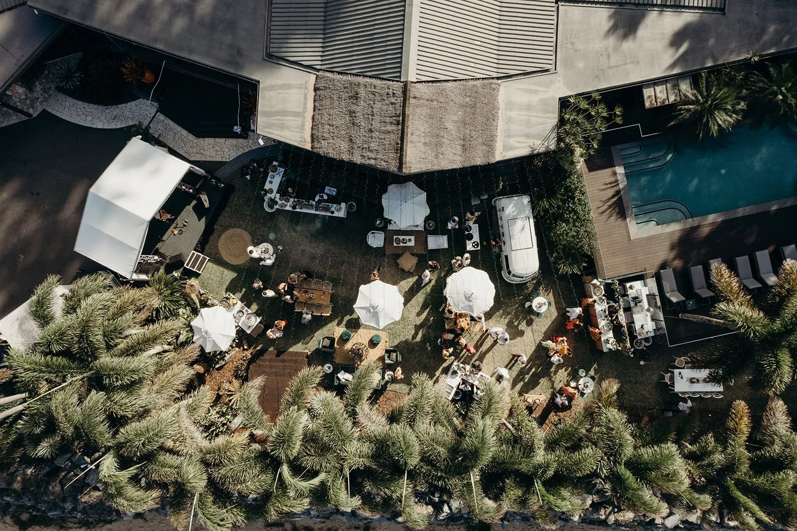Aerial view of wedding setup and guests staying in the area