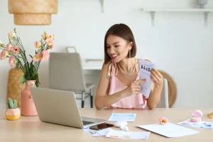Female wedding planner discussing wedding checklist with couple online