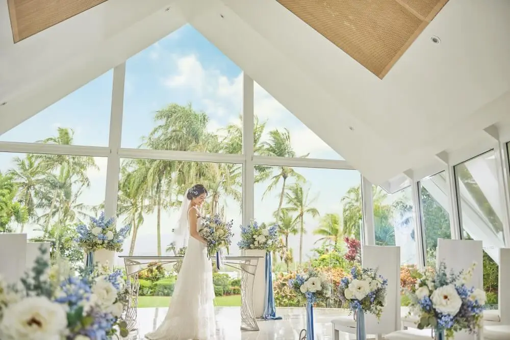 bride standing inside Hilton Blue Horizon chapel